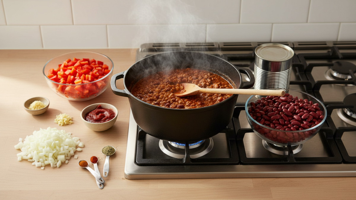 Steaming chili pot with ingredients on kitchen stove.
