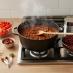 Steaming chili pot with ingredients on kitchen stove.