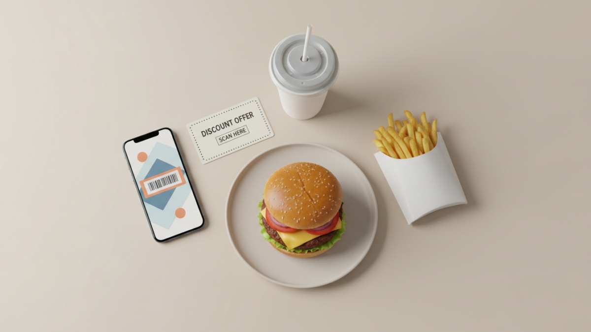 Burger meal with fries, drink, and discount QR code.