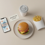 Burger meal with fries, drink, and discount QR code.