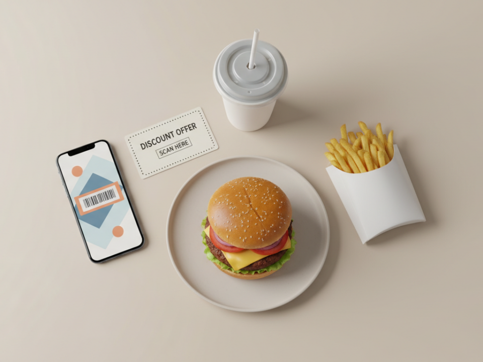 Burger meal with fries, drink, and discount QR code.