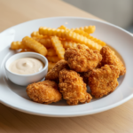 Crispy chicken nuggets with fries and dipping sauce.