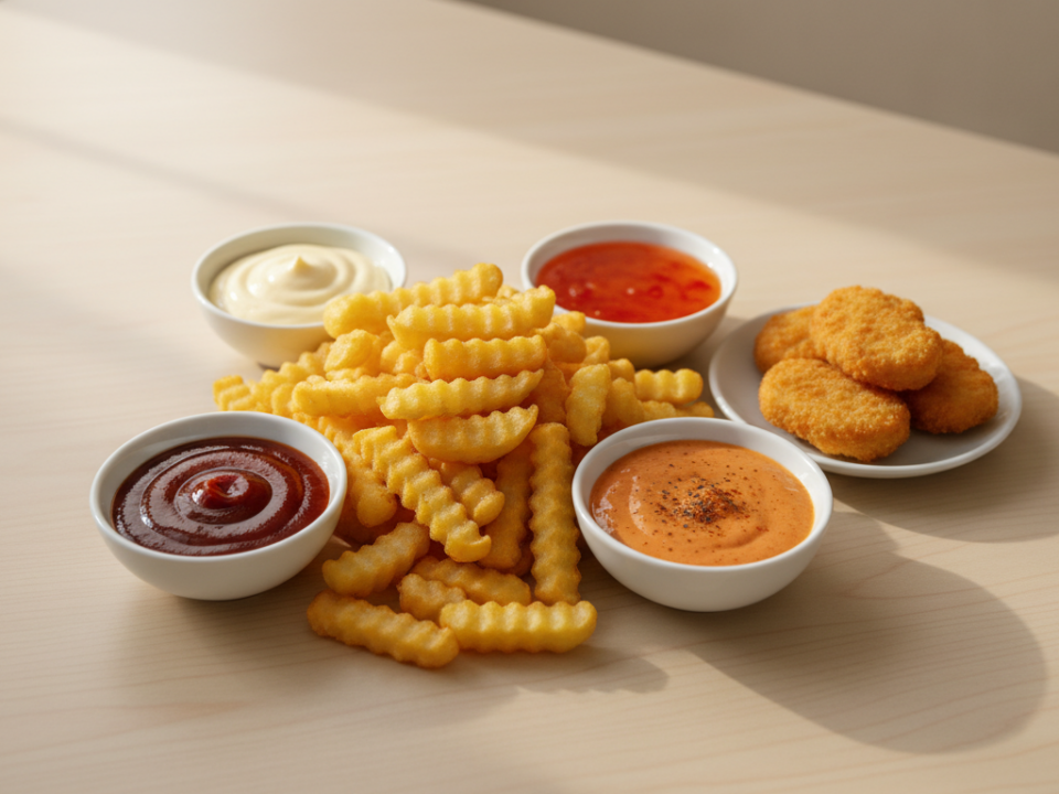 Crinkle-cut fries with sauces and chicken nuggets on table.
