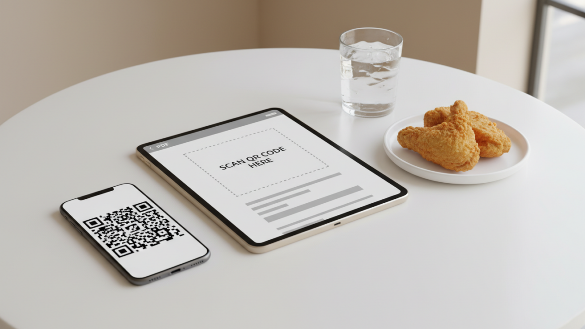 Tablet und Smartphone mit QR-Code, daneben Hähnchen-Nuggets.