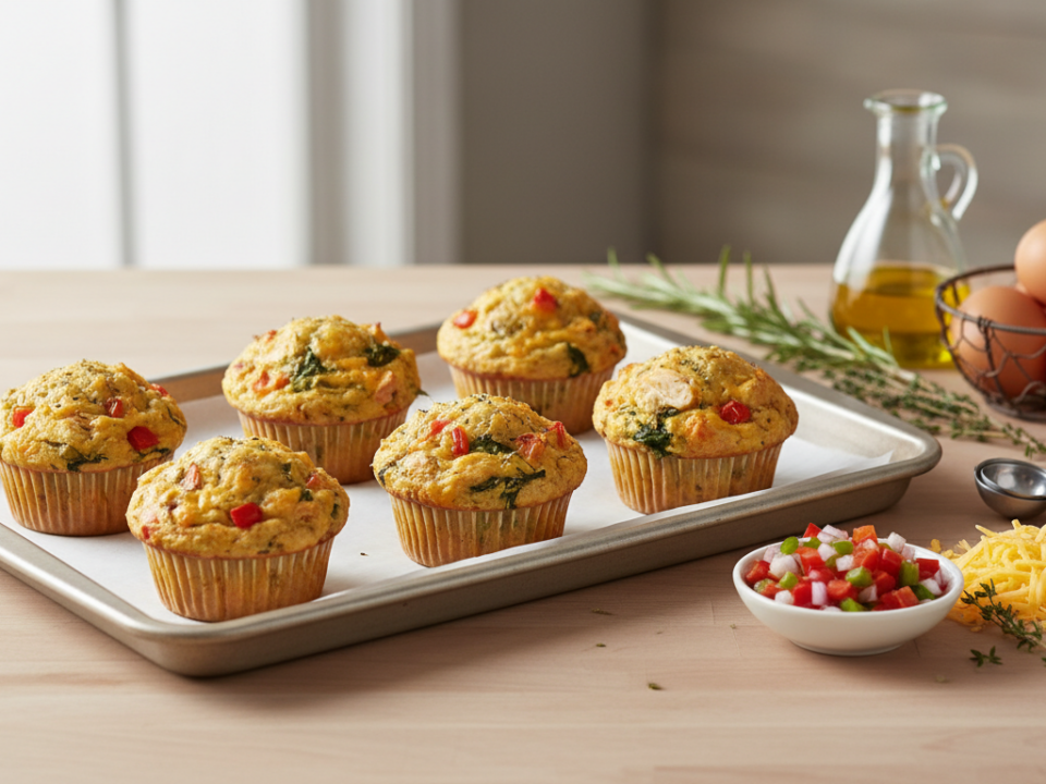 Muffins mit Gemüse auf Backblech, Kräuter garniert.