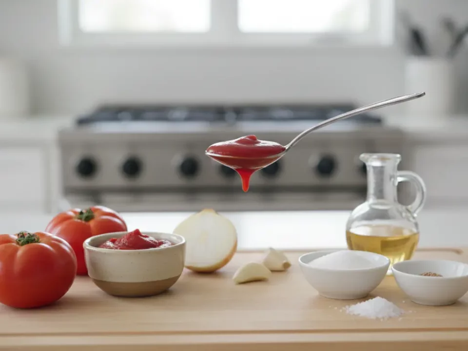 Löffel mit roter Tomatensoße über Schneidebrett in Küche