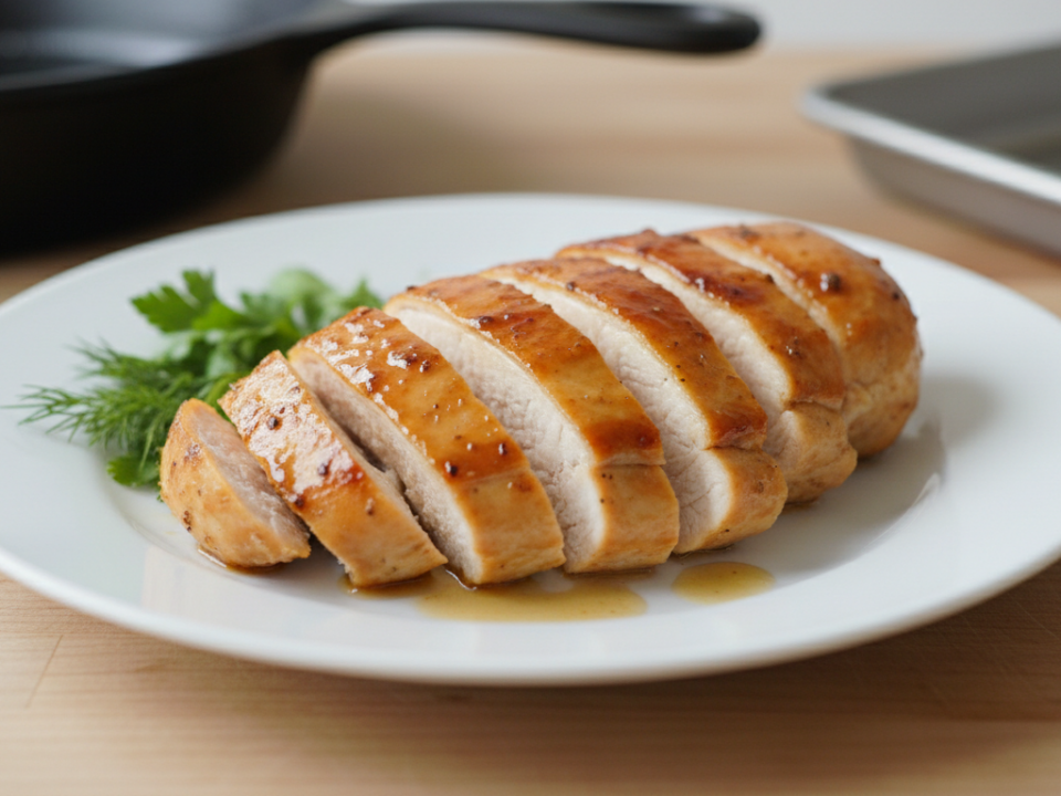 Sliced grilled chicken breast with herbs on white plate.