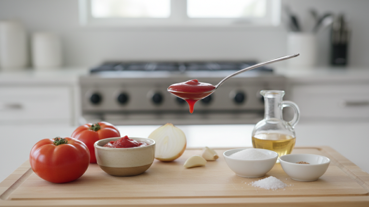 Frische Tomaten, Zwiebel, Knoblauch und Öl auf Schneidebrett