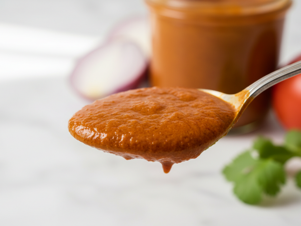 Spoonful of rich tomato sauce with fresh ingredients.