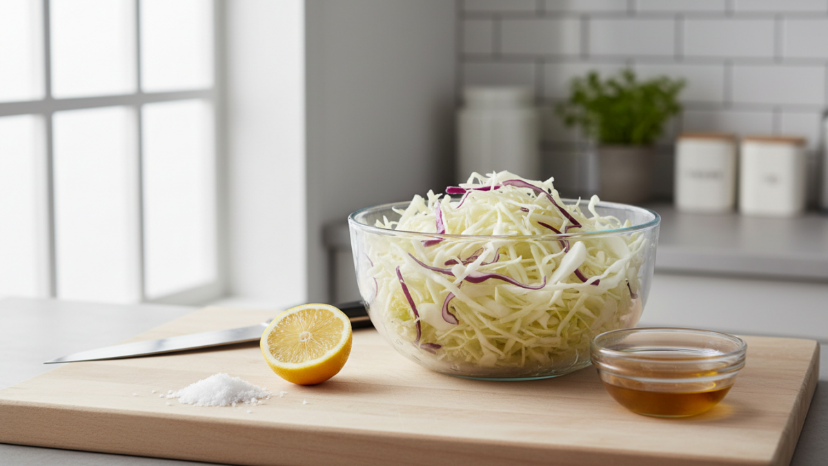 Shredded cabbage salad with lemon, salt, and honey on cutting board.