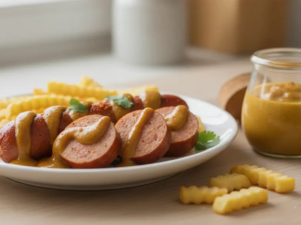 Würstchen mit Senfsoße und Pommes auf Teller.