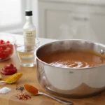 Steaming pot of tomato soup with spices and ingredients.