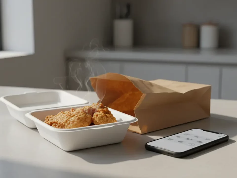 Takeout fried chicken with smartphone on kitchen counter.