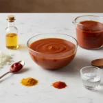 Tomatensauce-Vorbereitung: Zwiebeln, Öl, Gewürze und Löffel.