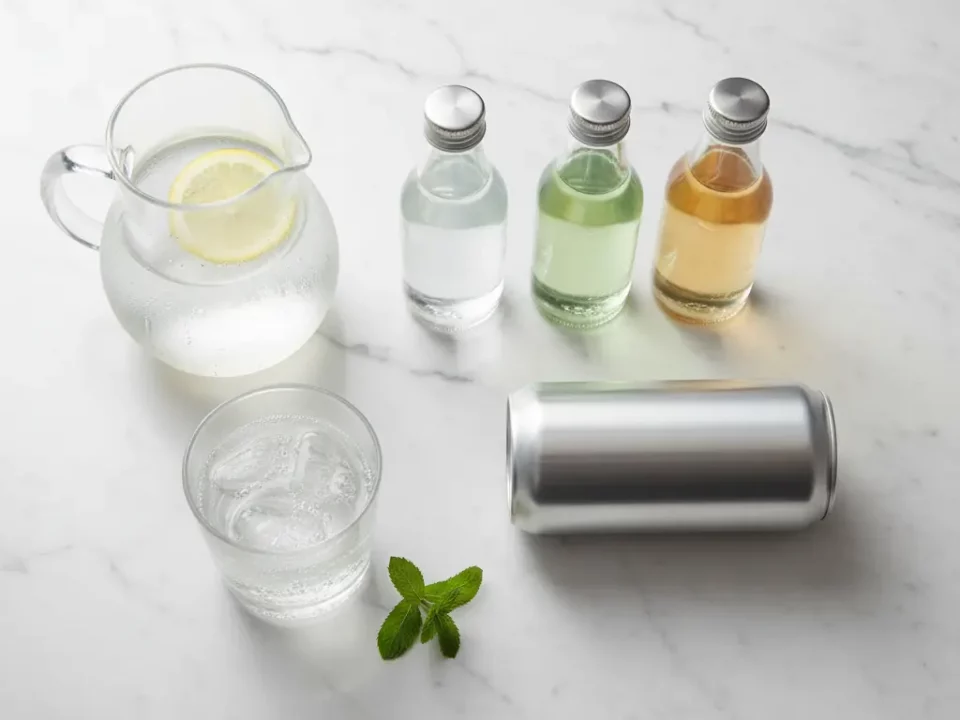 Pitcher and glass with lemon water, mint, and bottles.