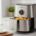 Stainless steel air fryer with fries on kitchen counter.