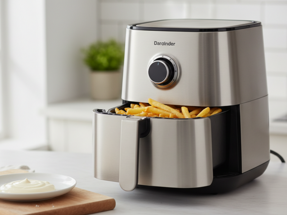 Stainless steel air fryer with fries on kitchen counter.