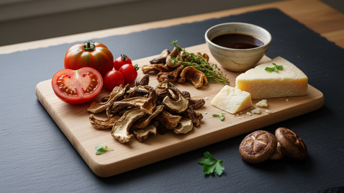 Käse, Tomaten und Trockenpilze auf Holzbrett