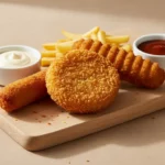 Knusprige frittierte Snacks mit Pommes und Dip.