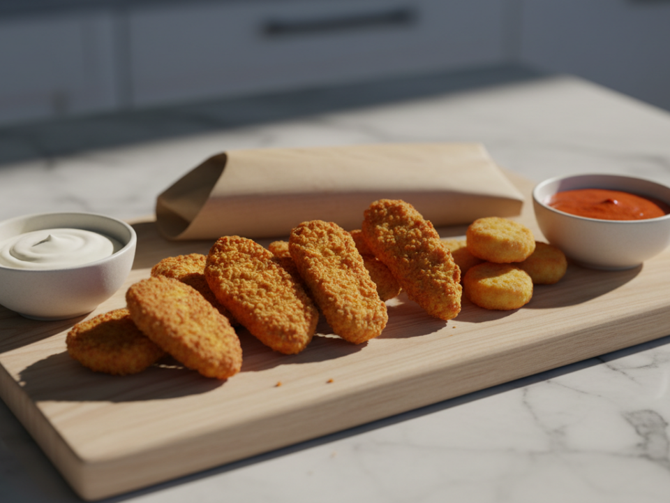 Assorted breaded snacks with dipping sauces on wooden board.