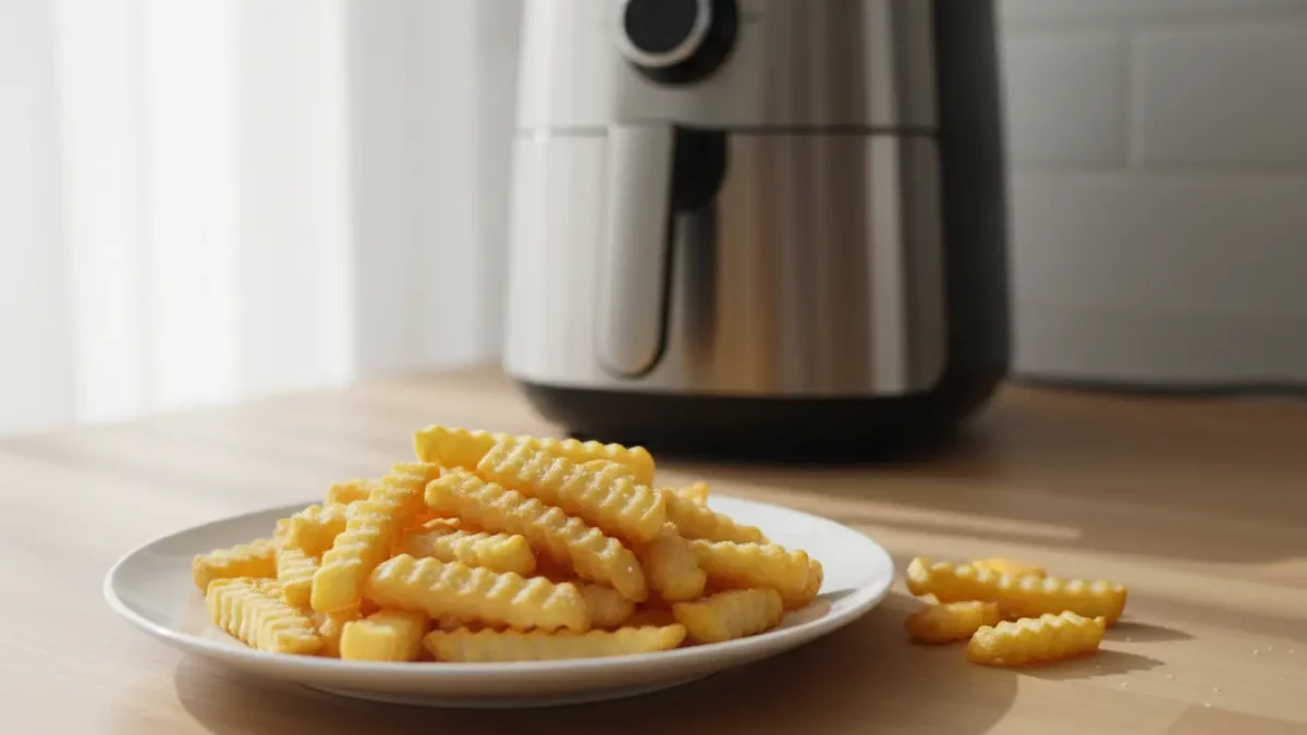 Pommes auf Teller, Küchengerät im Hintergrund.