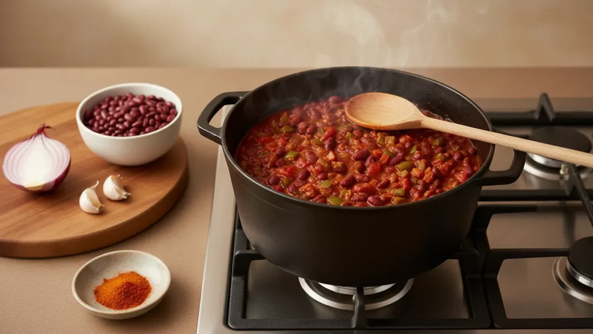 Kochtopf mit Chili-Bohnen-Eintopf köchelt auf dem Herd