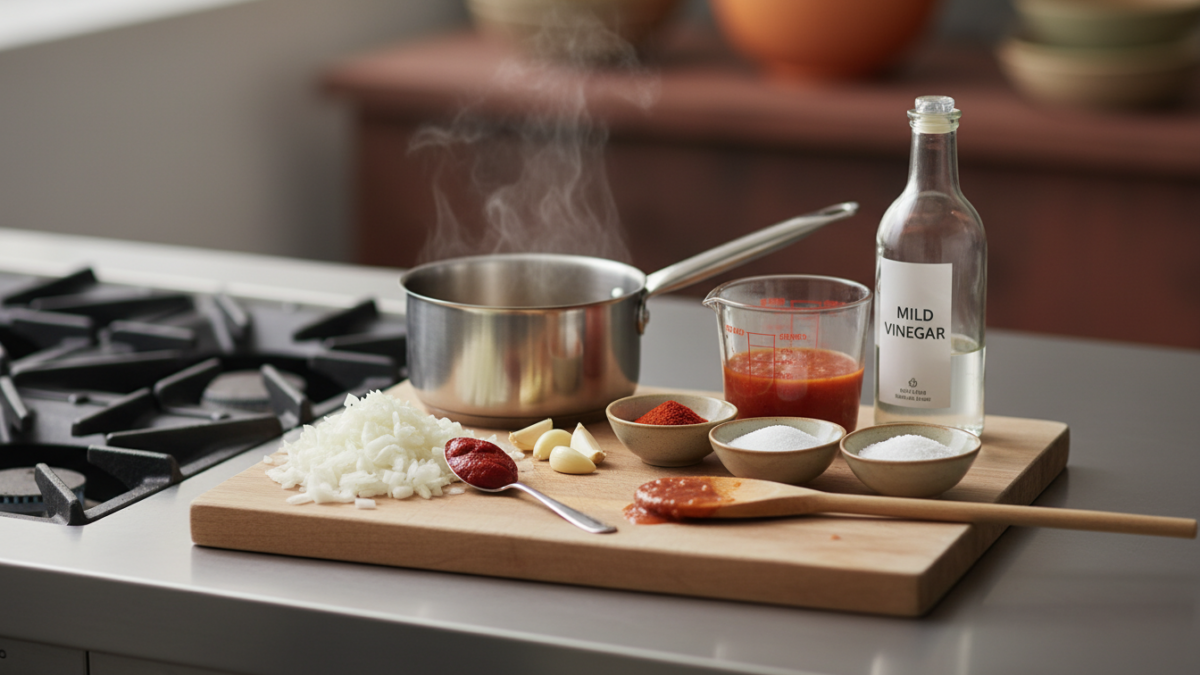 Cooking ingredients and utensils on kitchen countertop.