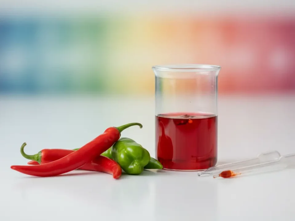 Red and green peppers with red liquid in beaker.
