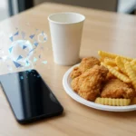 Smartphone and hologram with fried chicken and fries.