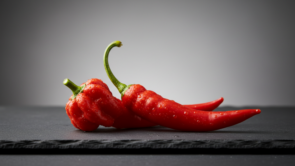 Frische rote Chilischoten auf dunkler Steinplatte.