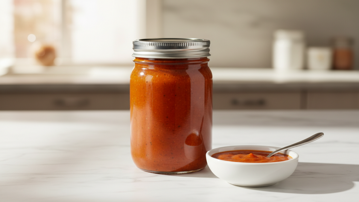 Glas mit roter Tomatensauce neben weißer Schale und Löffel.