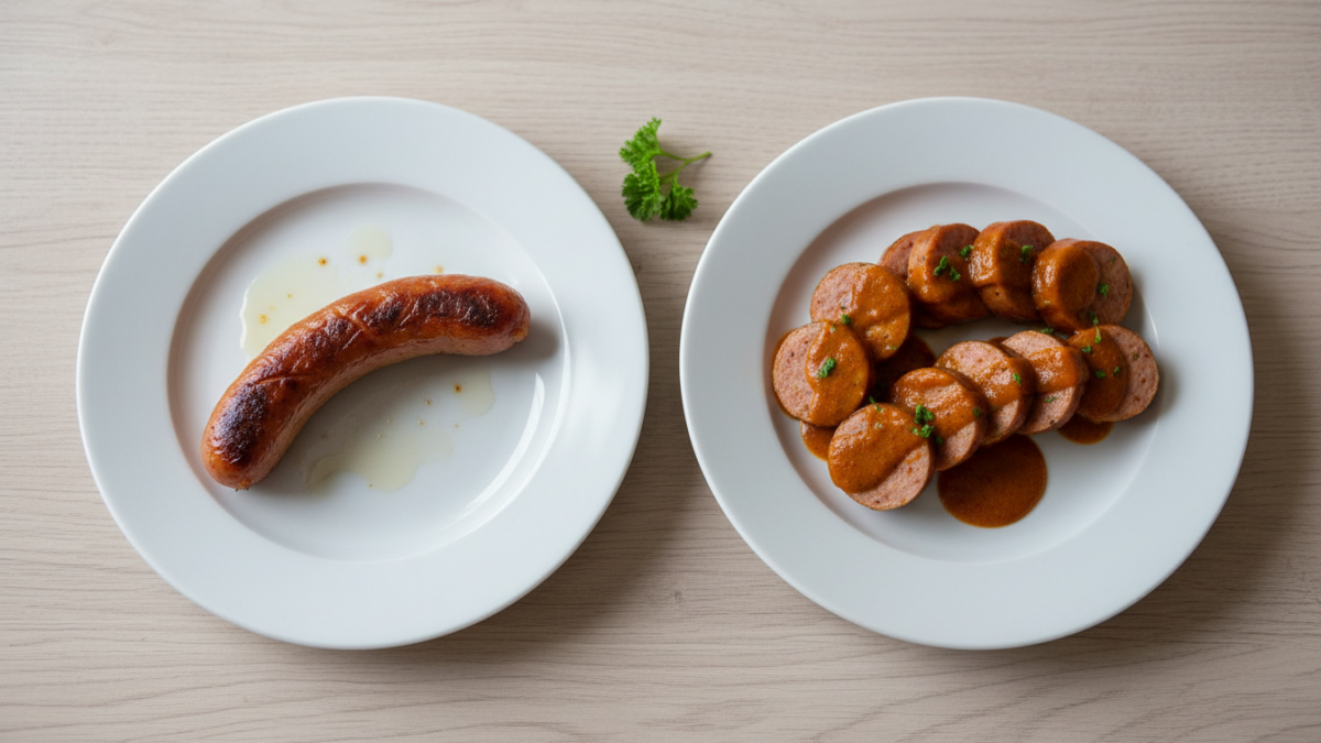 Zwei Teller Würstchen mit Sauce auf Holztisch.
