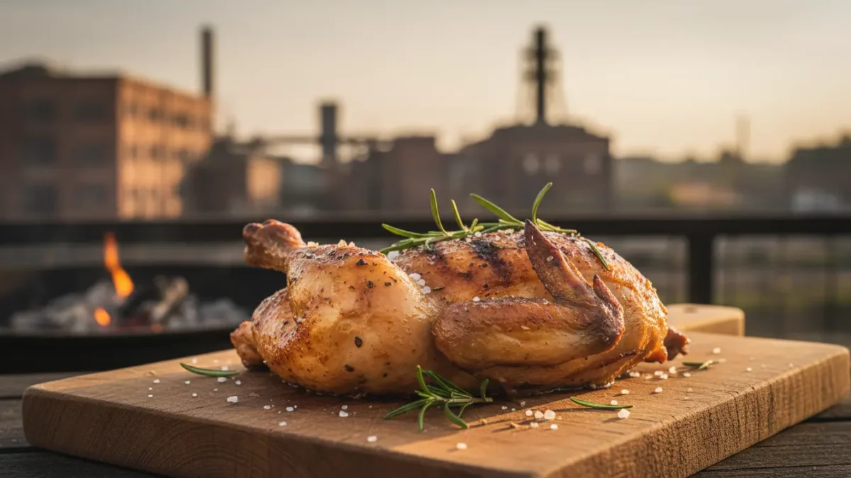 Gegrilltes Hähnchen mit Rosmarin auf Holzbrett, Grill im Hintergrund