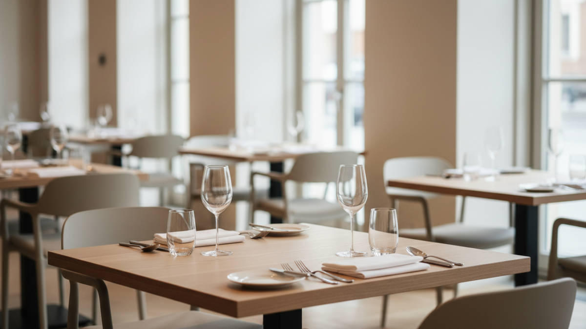 Leeres Restaurant mit gedeckten Tischen und Gläsern.