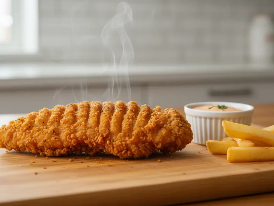 Knuspriges Hähnchen mit Pommes und Dip auf Holzteller.