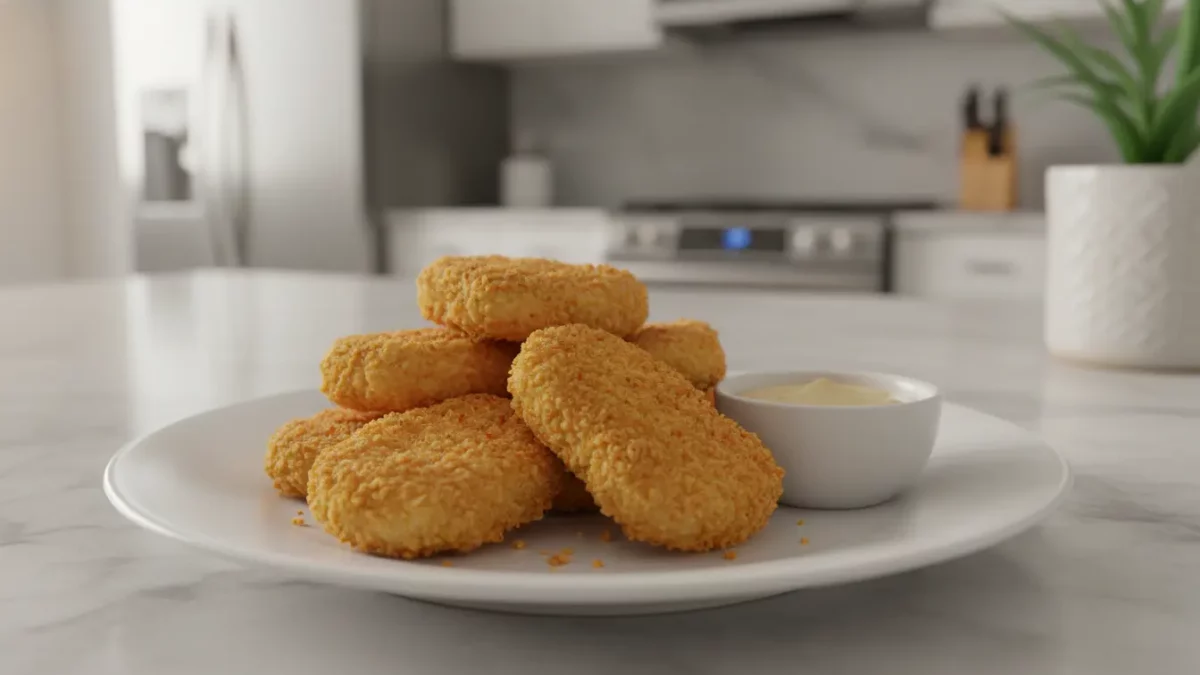 Knusprige Hähnchen-Nuggets mit Dip auf Teller