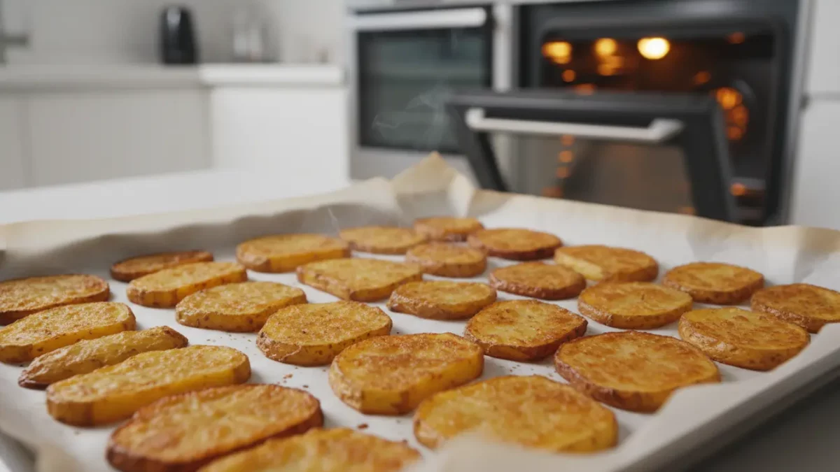 Goldene Bratkartoffelscheiben auf Backpapier im Ofen.