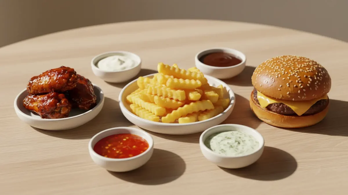 Burger, Hähnchenflügel, Pommes und Saucen auf dem Tisch.