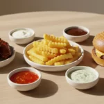 Burger, Hähnchenflügel, Pommes und Saucen auf dem Tisch.