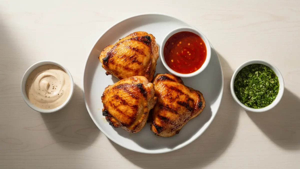 Gegrillte Hähnchenkeulen mit Dip-Saucen auf weißem Teller.