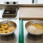 Zwei Edelstahl-Schalen mit Nudeln links, Reis und Körner rechts.