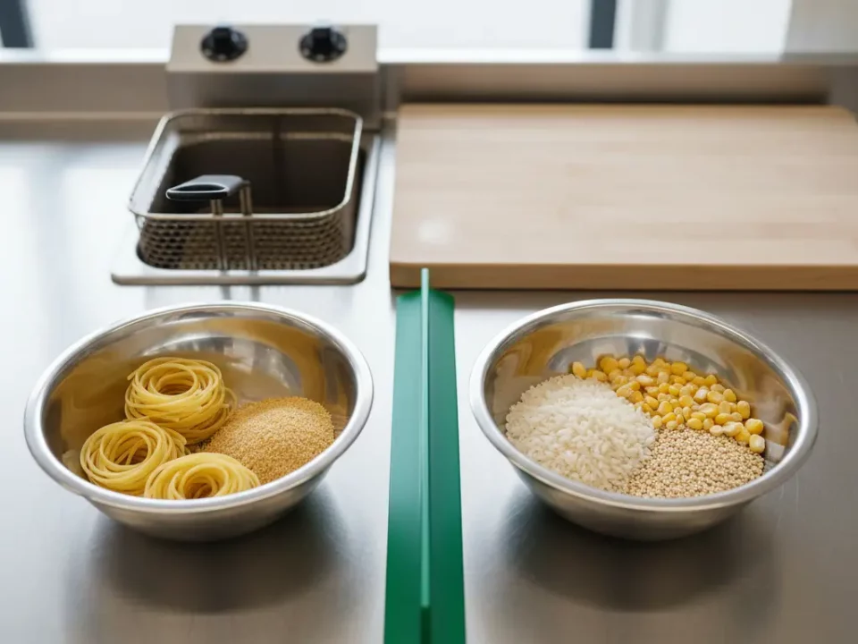 Zwei Edelstahl-Schalen mit Nudeln links, Reis und Körner rechts.