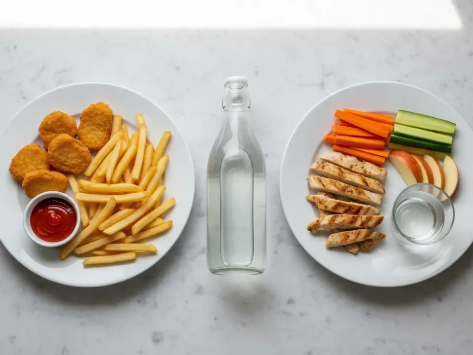 Zwei Teller Pommes, Nuggets und Gemüse; Wasserflasche dazwischen.