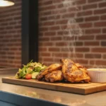 Gegrillte Hähnchenkeulen mit Salat und Dip auf Holzplatte