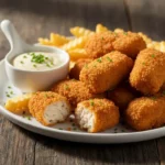 Knusprige Kroketten mit Pommes und Dip.