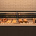 Offene Theke mit Hühnchen, Pommes und Burgern im Imbiss.