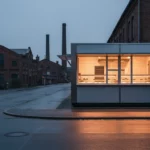 Moderne Glasbox am Straßenrand, warm beleuchtet.