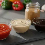 Drei Gläschen Saucen: Ketchup, Mayonnaise und BBQ-Sauce.