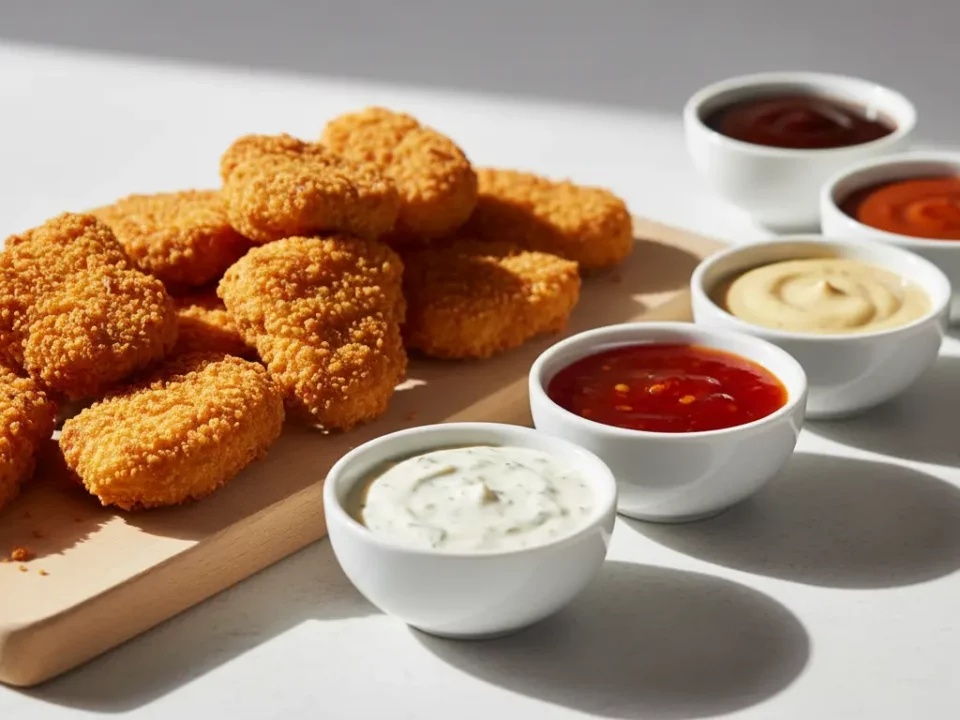 Knusprige Hähnchen-Nuggets mit verschiedenen Dips auf Holzbrett.