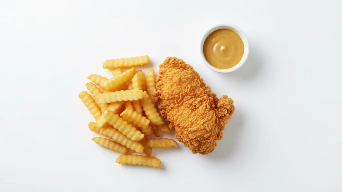 Knuspriges Hähnchen mit Pommes und Dip.